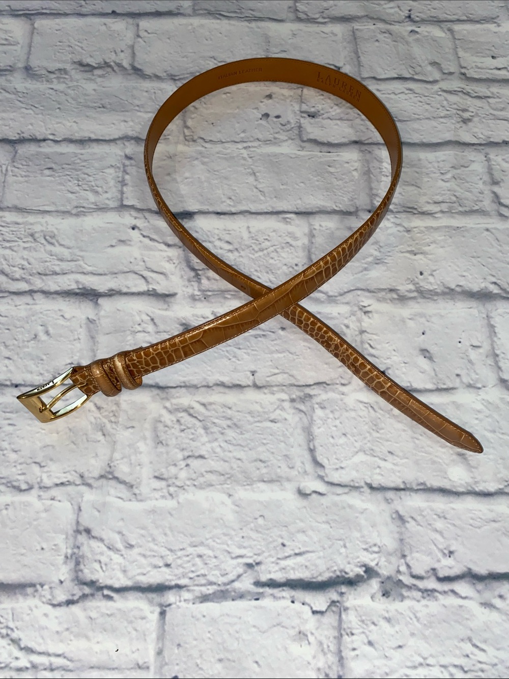 Lauren Ralph Lauren Croc-Embossed Leather Belt with Gold Buckle Tan Size L - Picture 12 of 13